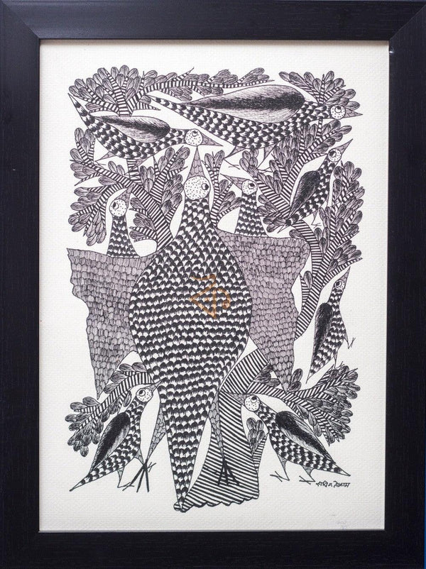 Peacock Family Monochrome Traditional Art by Kalavithi Art Ventures | ArtZolo.com