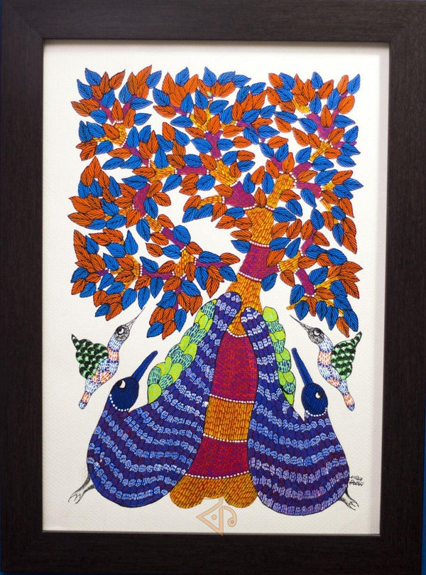 Peacocks Gond Art 2 Traditional Art by Kalavithi Art Ventures | ArtZolo.com