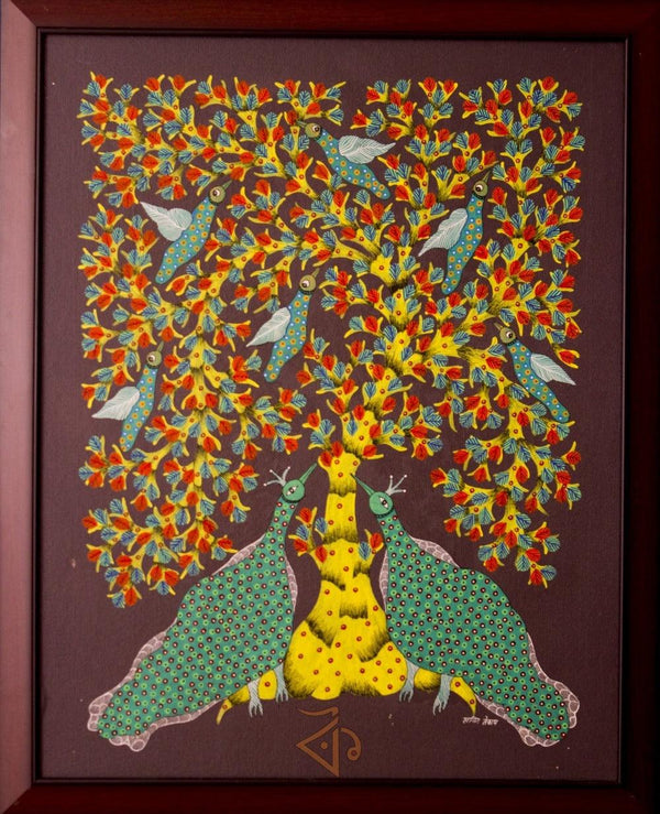 Peacocks Gond Art Traditional Art by Kalavithi Art Ventures | ArtZolo.com