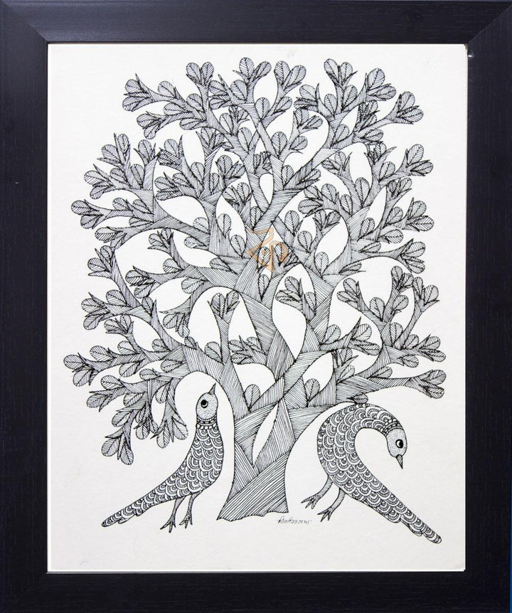 Peacocks Under Tree Monochrome Traditional Art by Kalavithi Art Ventures | ArtZolo.com