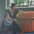Figurative acrylic painting titled 'Pensive Mood', 48x36 inches, by artist Divya Chinni on Canvas