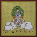 Religious pichwai traditional art titled 'Pichwai 14', 12x12 inches, by artist Pichwai Art on Cotton Cloth