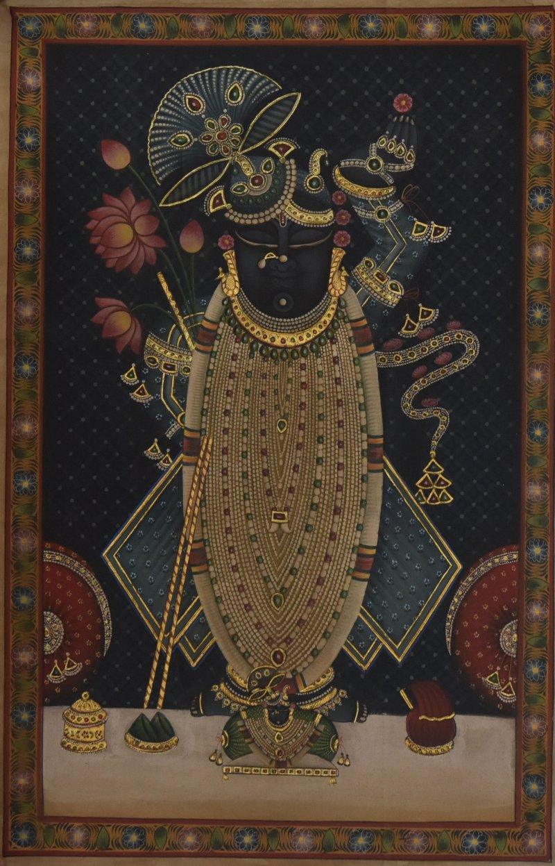 Religious tribal painting titled 'Pichwai', 23x36 inches, by artist Pichwai on Cloth