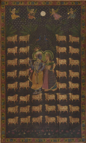 Religious tribal painting titled 'Pichwai', 36x60 inches, by artist Unknown on Cloth
