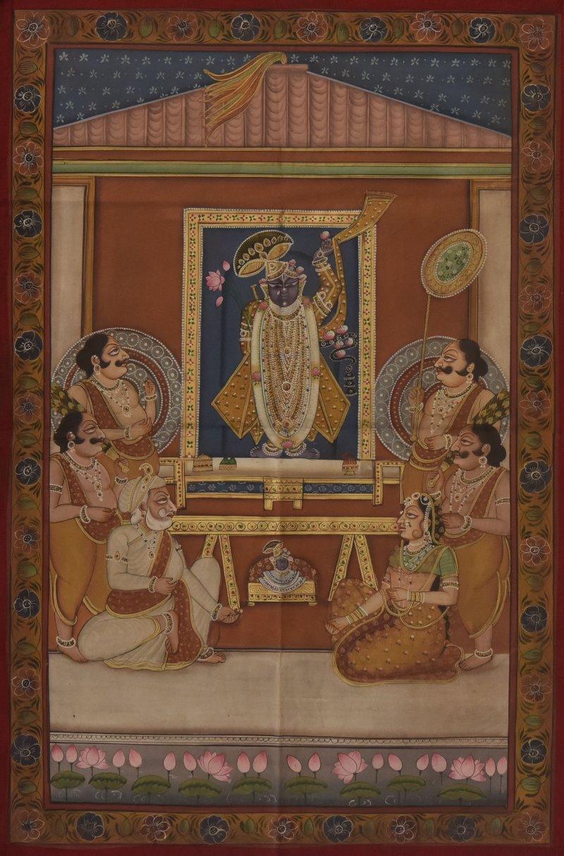 Religious tribal painting titled 'Pichwai', 22x33 inches, by artist Pichwai on Cloth