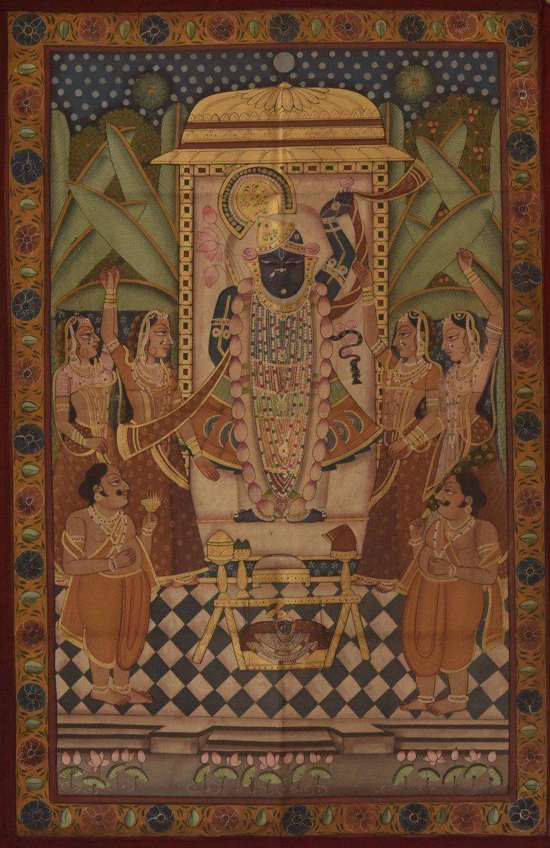 Religious tribal painting titled 'Pichwai', 22x34 inches, by artist Pichwai on Cloth