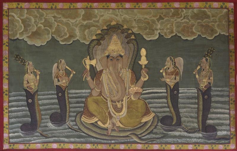 Religious tribal painting titled 'Pichwai', 67x43 inches, by artist Pichwai on Cotton Cloth