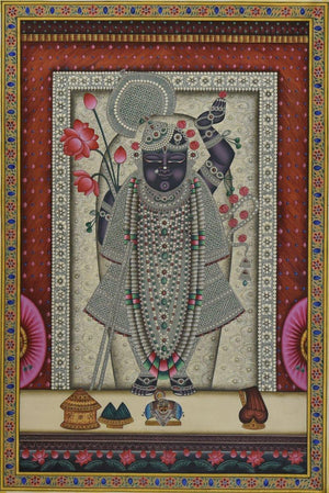 Religious tribal painting titled 'Pichwai', 24x36 inches, by artist Unknown on Cloth