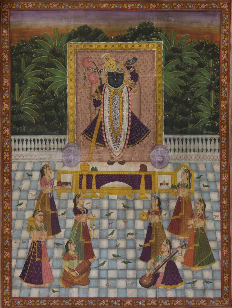 Religious tribal painting titled 'Pichwai', 35x46 inches, by artist Unknown on Cloth