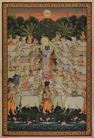 Religious tribal painting titled 'Pichwai', 24x36 inches, by artist Unknown on Cloth