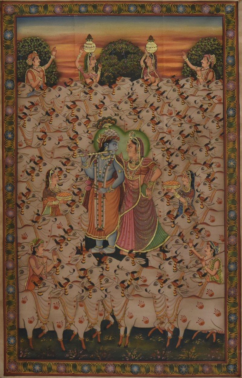 Religious tribal painting titled 'Pichwai', 23x36 inches, by artist Pichwai on Cloth