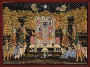 Religious tribal painting titled 'Pichwai', 24x18 inches, by artist Unknown on Cloth