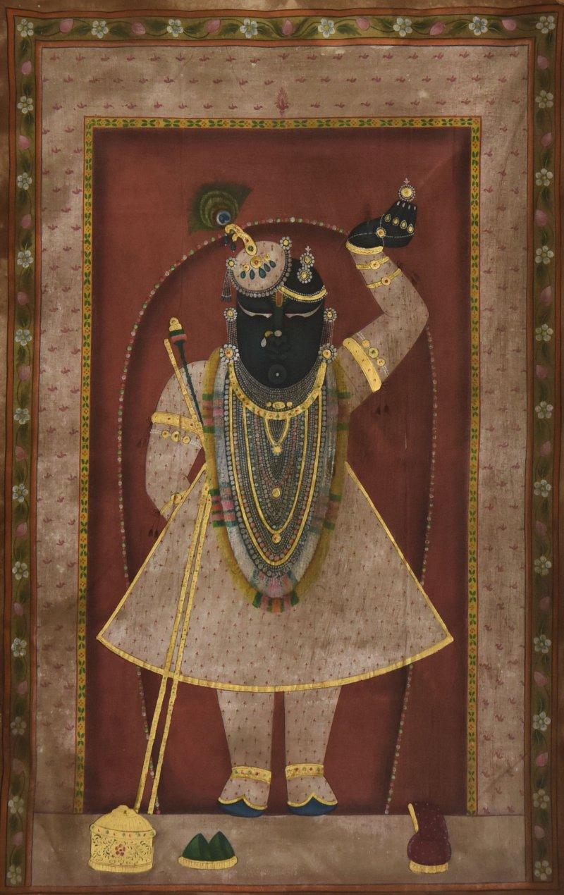 Religious tribal painting titled 'Pichwai', 21x34 inches, by artist Pichwai on Cloth