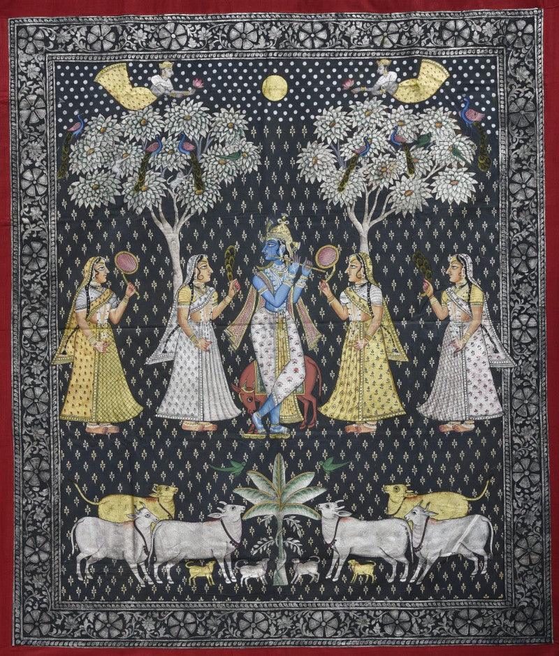 Religious tribal painting titled 'Pichwai', 48x56 inches, by artist Pichwai on Cotton Cloth