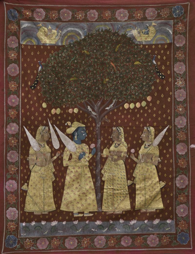 Religious tribal painting titled 'Pichwai', 41x56 inches, by artist Pichwai on Cotton Cloth