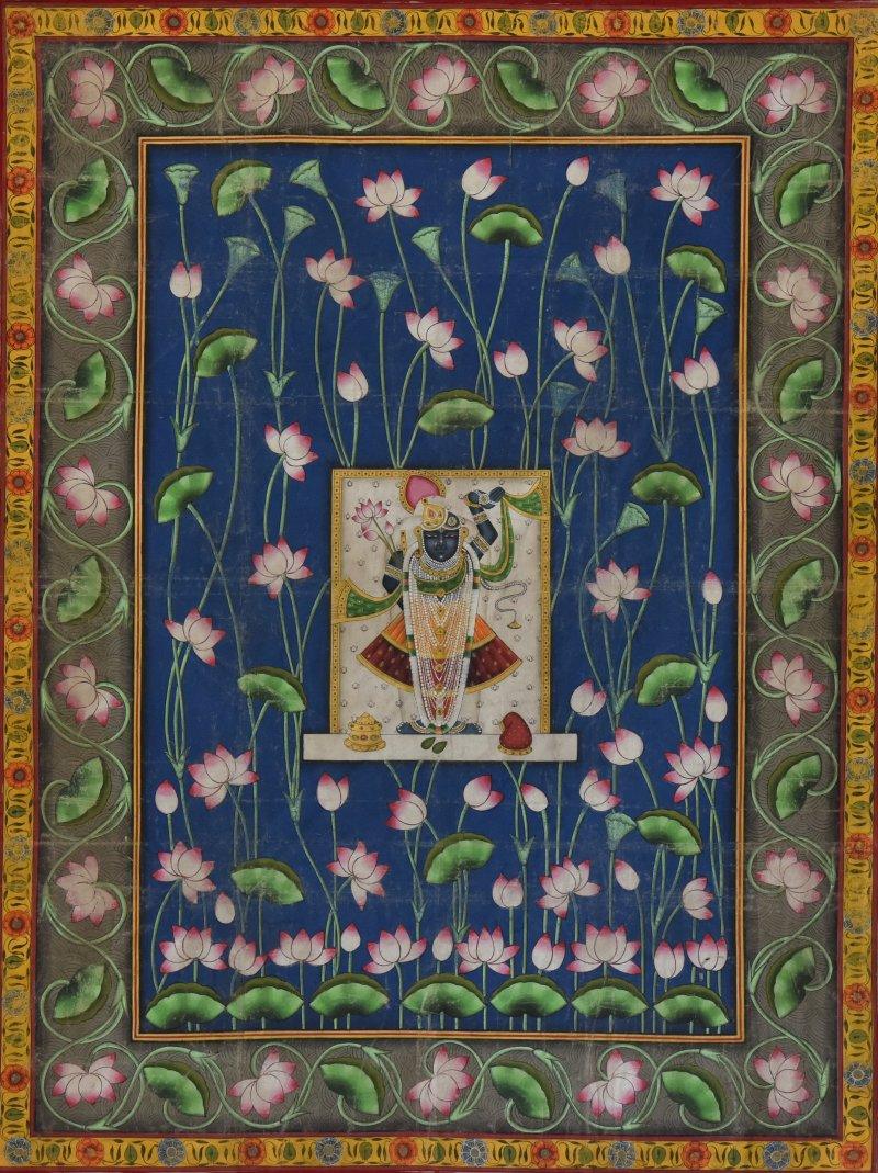 Religious tribal painting titled 'Pichwai', 36x49 inches, by artist Unknown on Cloth