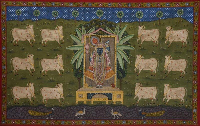 Religious tribal painting titled 'Pichwai', 56x35 inches, by artist Unkown on Cloth