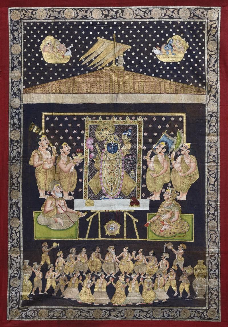 Religious tribal painting titled 'Pichwai', 44x64 inches, by artist Pichwai on Cotton Cloth