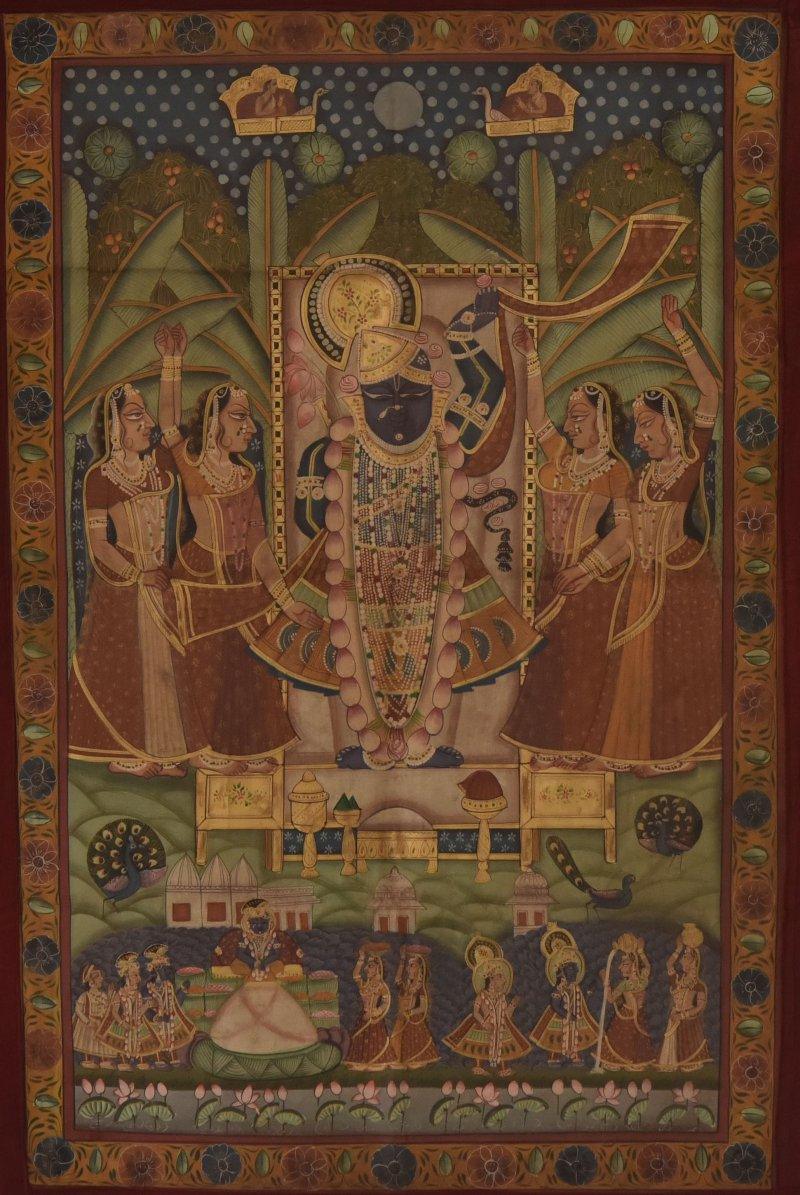 Religious tribal painting titled 'Pichwai', 23x36 inches, by artist Pichwai on Cloth