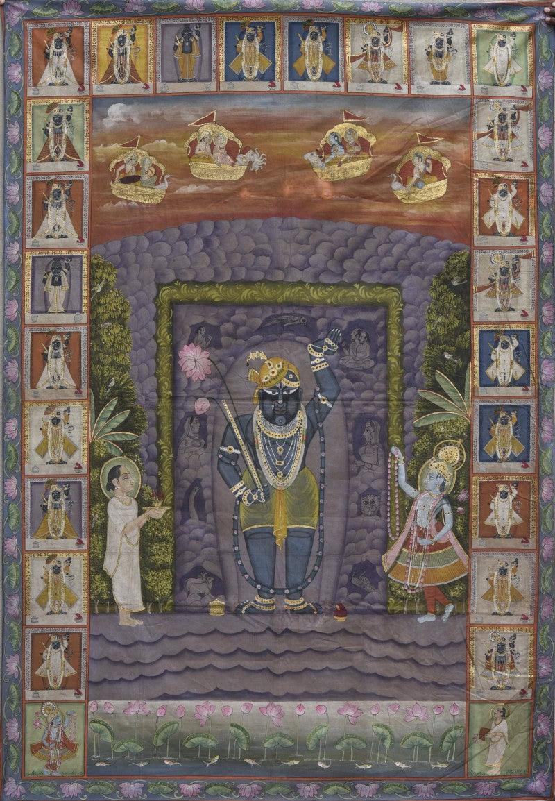 Religious mixed media painting titled 'Pichwai', 46x67 inches, by artist Pichwai on Cotton Cloth