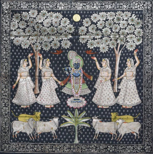 Religious tribal painting titled 'Pichwai', 48x48 inches, by artist Pichwai on Cotton Cloth