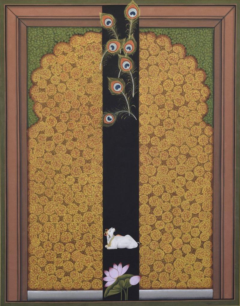 Religious tribal painting titled 'Pichwai', 48x60 inches, by artist Nitin And Nilesh Sharma on Cloth