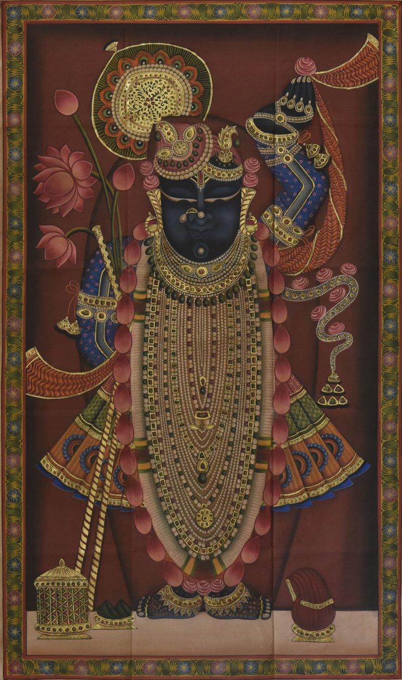 Religious tribal painting titled 'Pichwai', 35x60 inches, by artist Unknown on Cloth