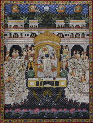 Religious tribal painting titled 'Pichwai', 36x47 inches, by artist Pichwai on Cotton Cloth
