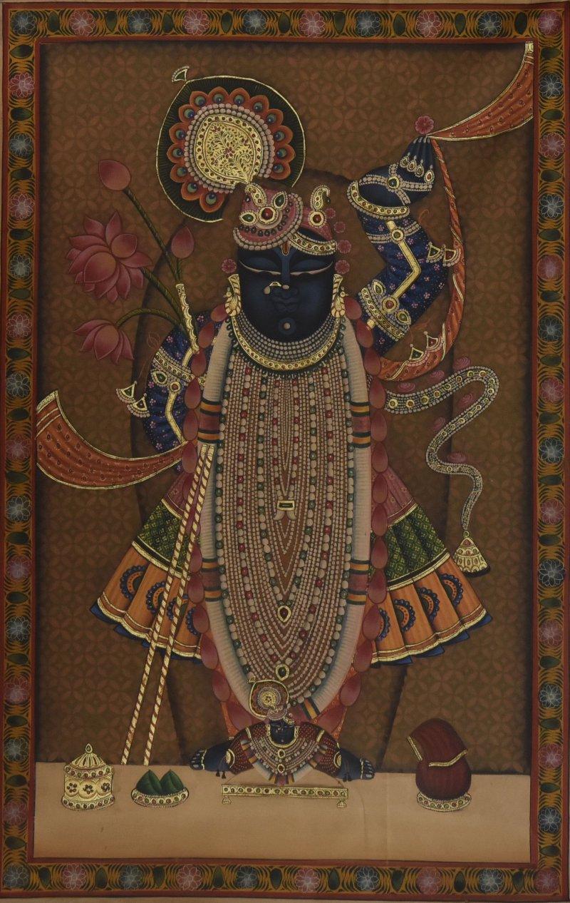 Religious tribal painting titled 'Pichwai', 23x36 inches, by artist Pichwai on Cloth