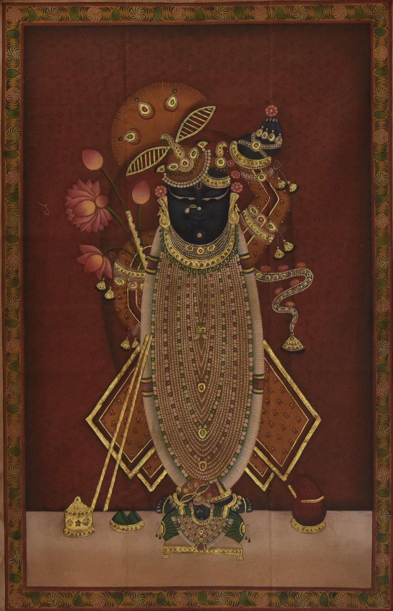 Religious tribal painting titled 'Pichwai', 23x36 inches, by artist Pichwai on Cloth