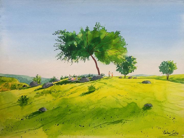 Landscape watercolor painting titled 'Picnic', 15x11 inches, by artist Rahul Salve on Paper