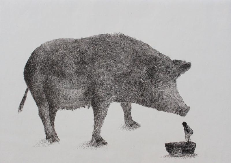 contemporary printmaking titled 'Pig', 8x12 inches, by artist Preya Bhagat on Paper
