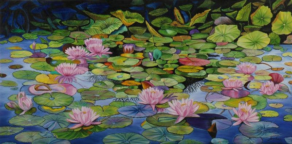 Pink Lily Pond 21 Painting by Sulakshana Dharmadhikari | ArtZolo.com