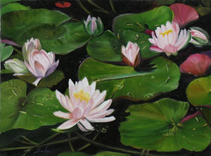 Nature oil painting titled 'Pink Lotus', 24x18 inches, by artist Sulakshana Dharmadhikari on Canvas