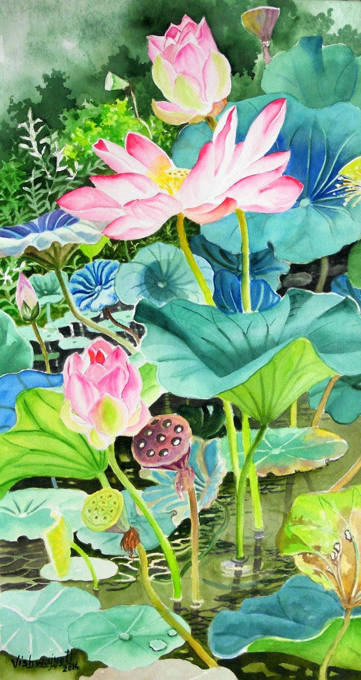 Pink Lotus Long Painting by Vishwajyoti Mohrhoff | ArtZolo.com