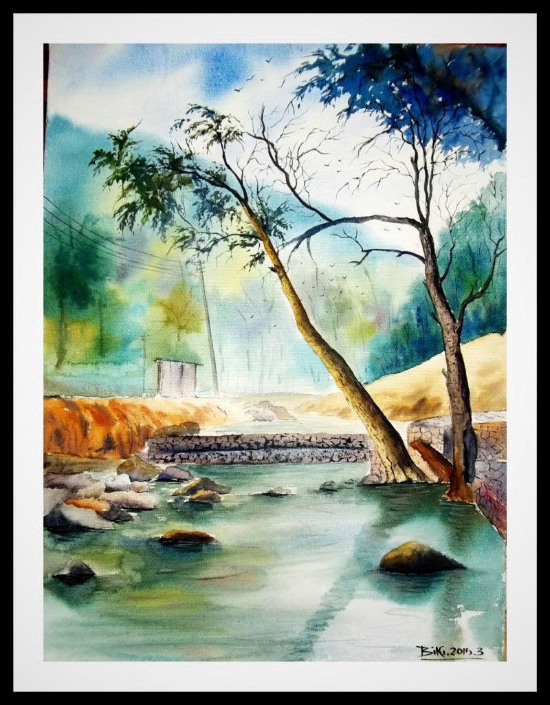 Nature watercolor painting titled 'Plain Air', 28x30 inches, by artist Biki Das on Paper