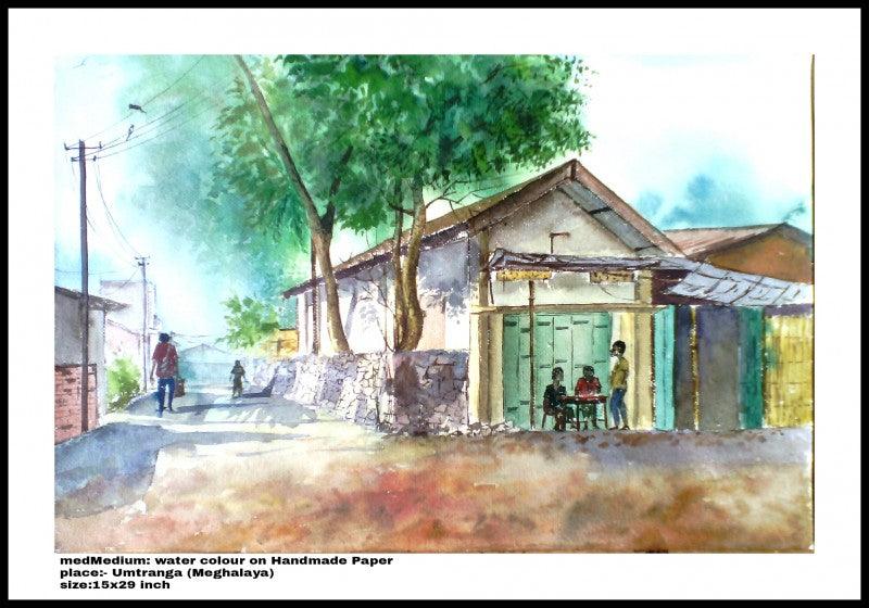 Cityscape watercolor painting titled 'Plain Air', 14x30 inches, by artist Biki Das on Paper