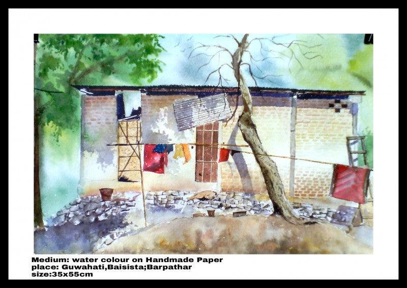 Lifestyle watercolor painting titled 'Plain Air', 14x30 inches, by artist Biki Das on Paper