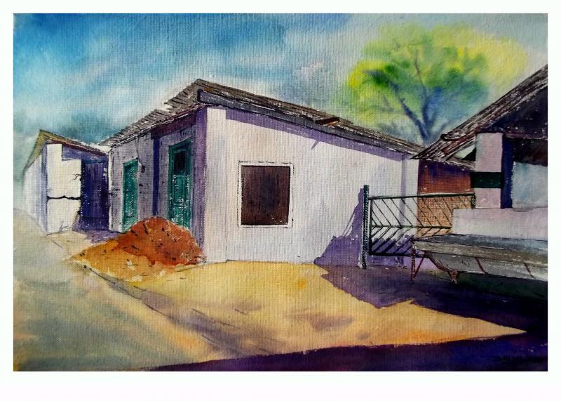 Landscape watercolor painting titled 'Plain air', 22x14 inches, by artist Biki Das on Paper
