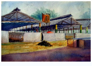 Plain Air (Echoes of Industry) by Biki Das, Original Watercolor Landscape Painting on Paper, Small Horizontal Wall Art