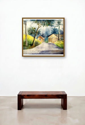 Plain Air (Path Through the Hamlet) by artist Biki Das displayed in a Contemporary Hotel Lobby