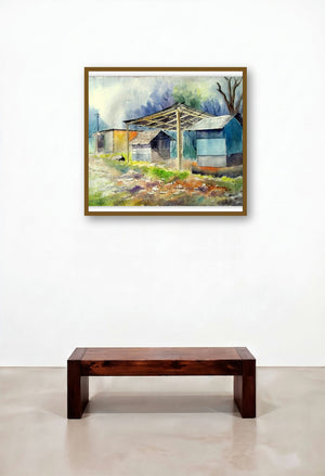Plain Air (Rustic Retreat) by artist Biki Das displayed in a Luxury Family Room