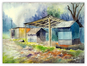Plain Air (Rustic Retreat) by Biki Das, Original Watercolor Landscape Painting on Paper, Medium Horizontal Wall Art