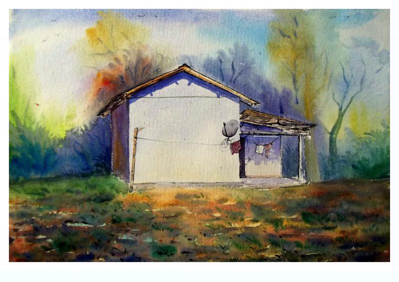 Landscape watercolor painting titled 'Plain air', 22x14 inches, by artist Biki Das on Paper