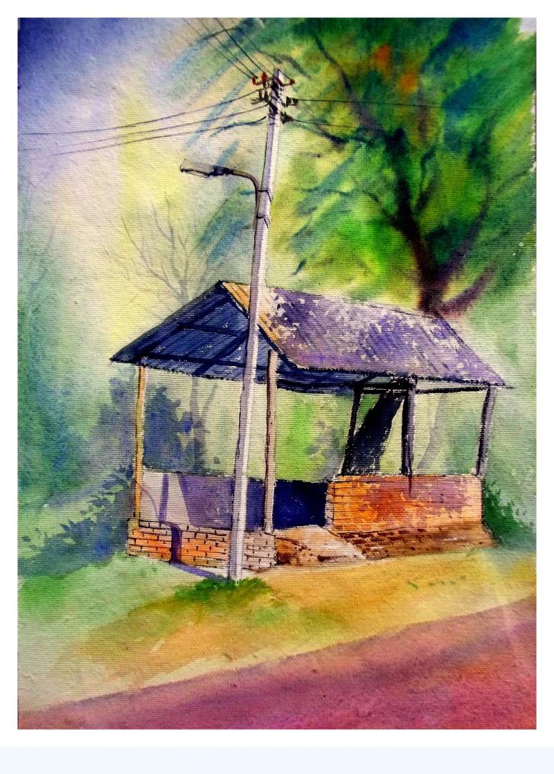 Landscape watercolor painting titled 'Plain air', 20x14 inches, by artist Biki Das on Paper