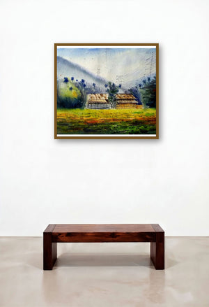 Plain Air (Verdant Valley) by artist Biki Das displayed in a Japandi Library