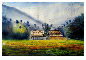 Plain Air (Verdant Valley) by Biki Das, Original Watercolor Landscape Painting on Paper, Small Horizontal Wall Art