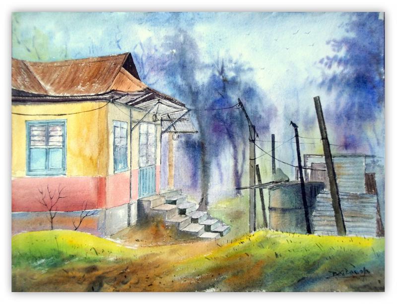 Landscape watercolor painting titled 'Plain air', 22x29 inches, by artist Biki Das on Paper