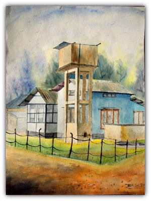 Plain Air (Sentinel of the Hamlet) by Biki Das, Original Watercolor Cityscape Painting on Paper, Medium Vertical Wall Art