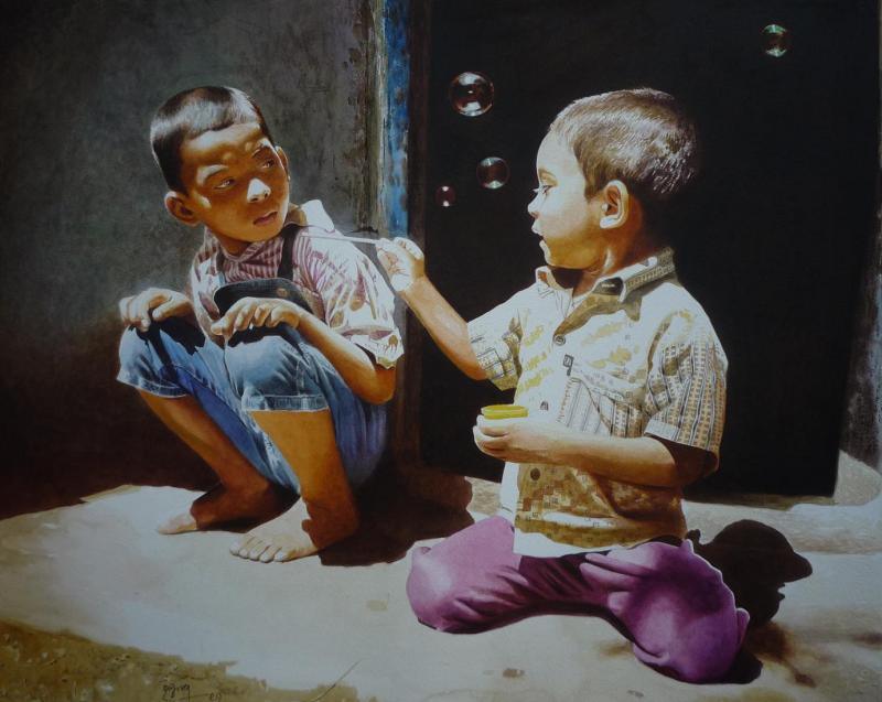 Figurative watercolor painting titled 'Play', 22x27 inches, by artist Raghunath Sahoo on Paper